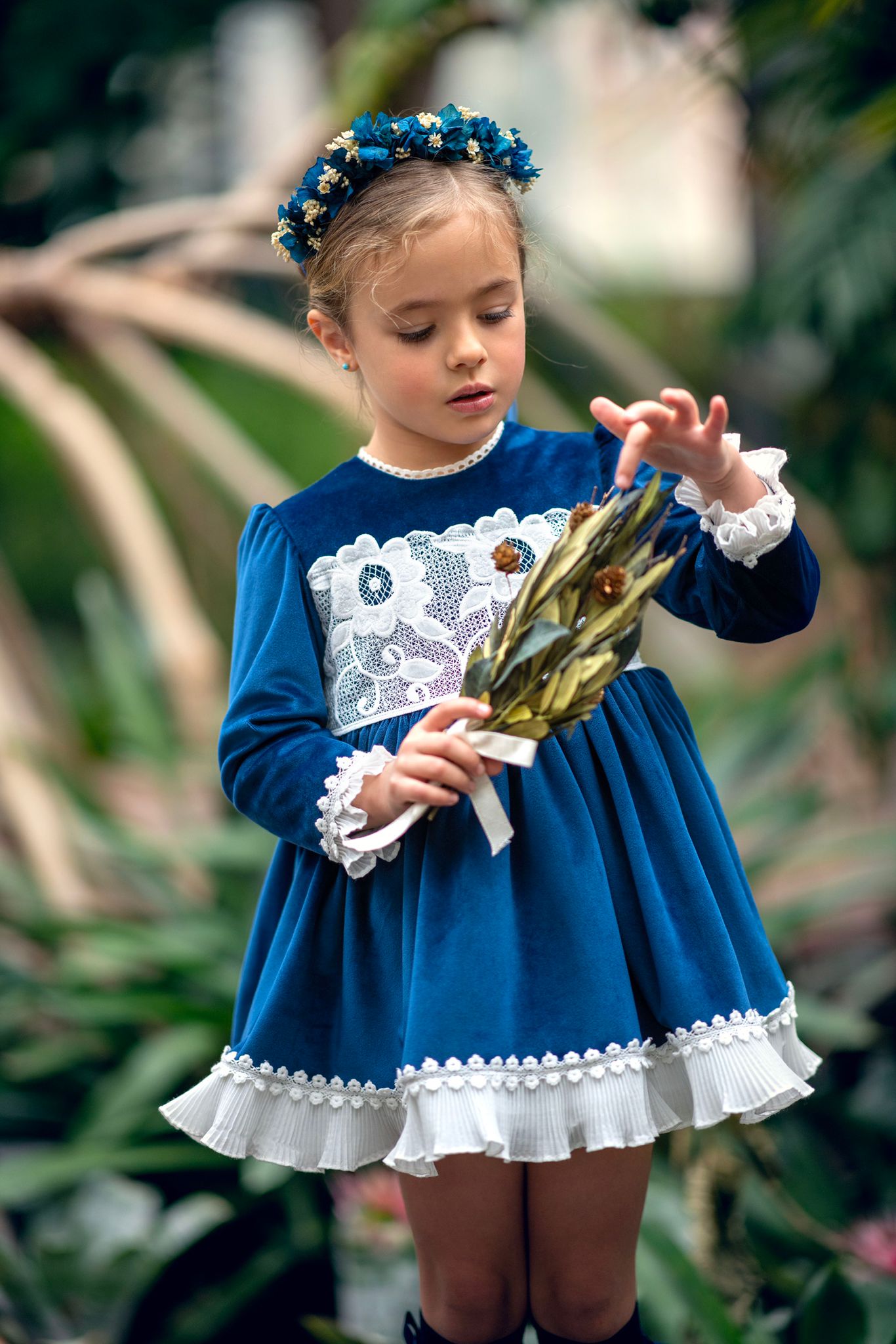 Abito Manica Lunga In Velluto Blu Bambina MIMOSA NARCISO