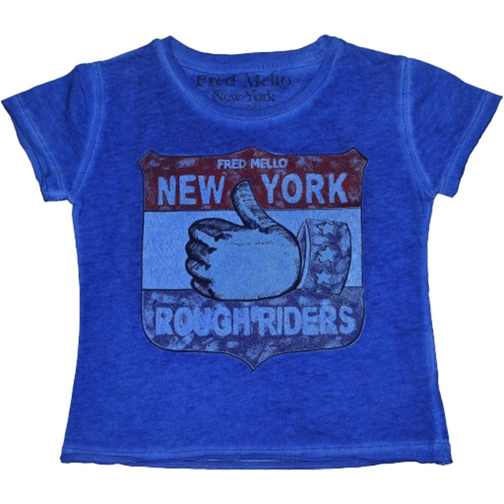 Solid Color Blue Cotton T-Shirt with Child Fred Mello Print