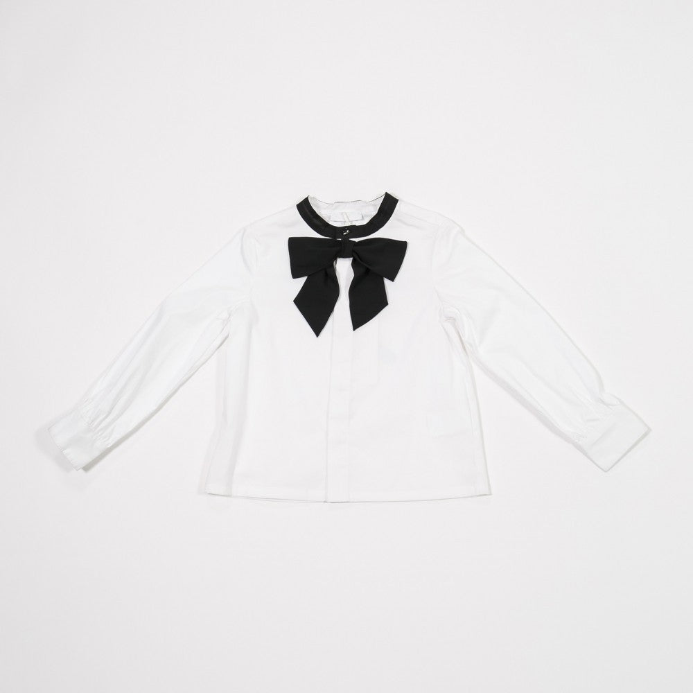 Camicia bianco con collo coreano con fiocco nero Bambina FUN&FUN