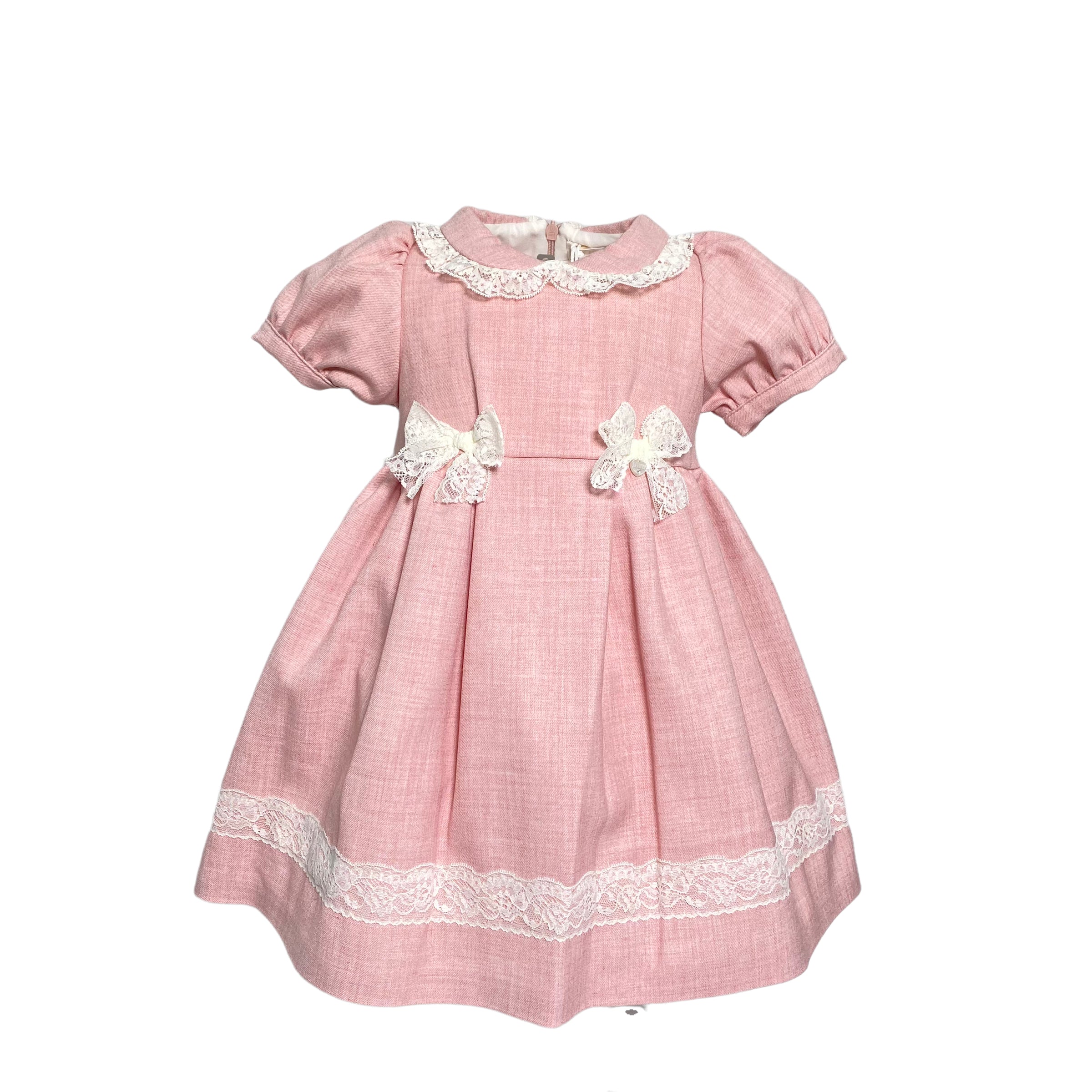 Half Sleeve Dress In Warm Pink Cotton With Lace For Baby Girl