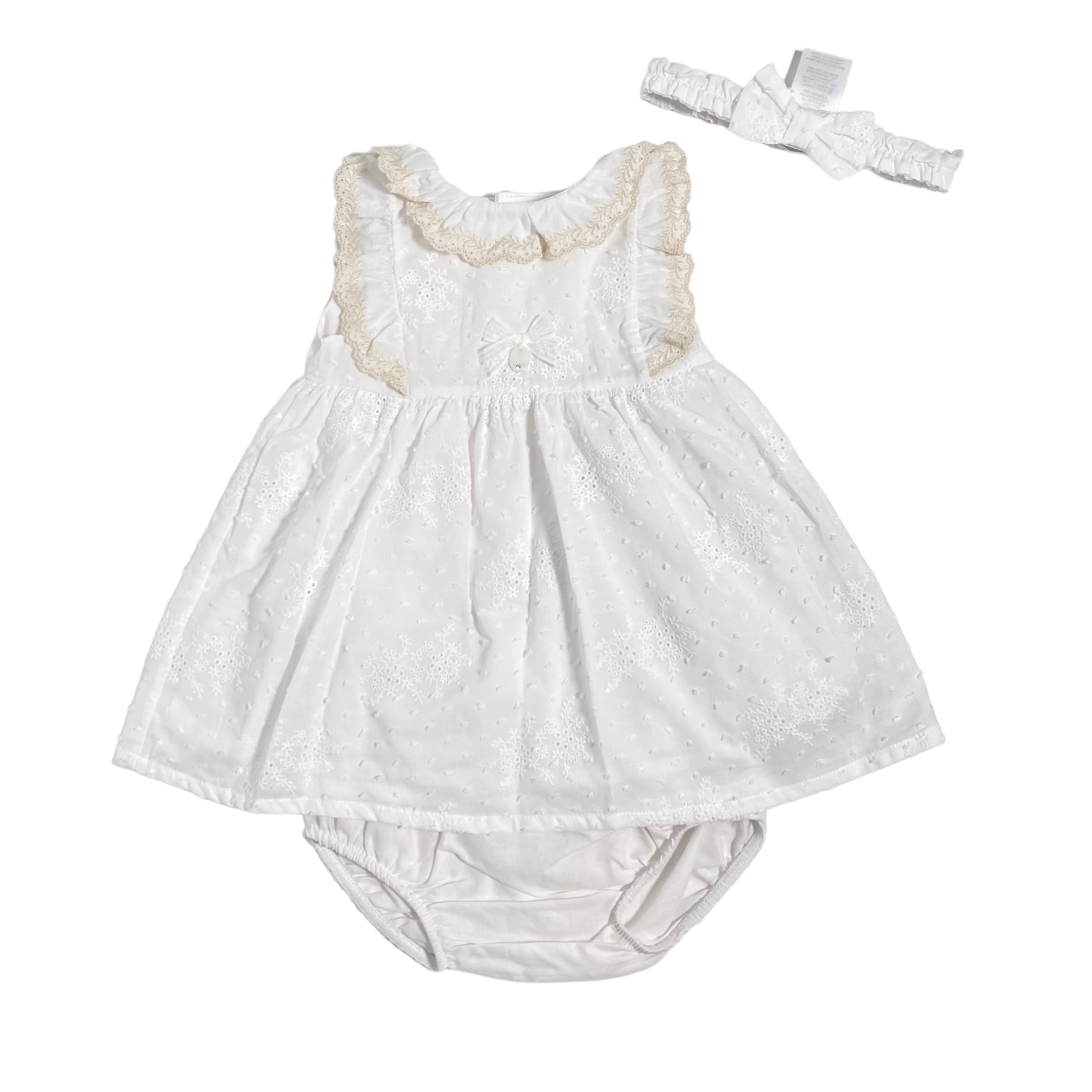 Abito Con Culotte E Fascia In Pizzo San Gallo Bianco Neonata DR KID DK