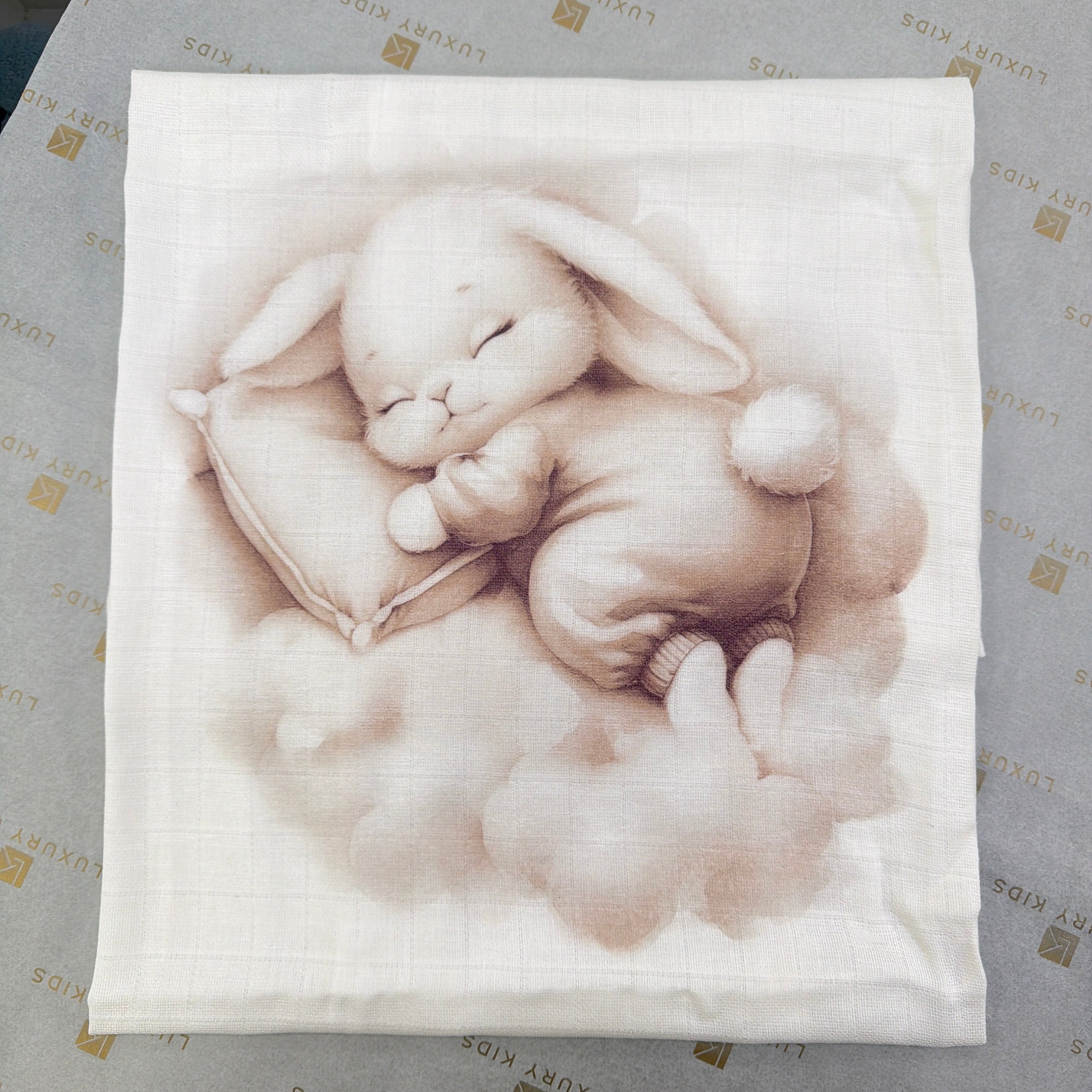 Mussola In Cotone Con Stampa Coniglietto Pisolone Neonato/a FIRST BABY MUSLIN2