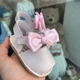 Sandali Primi Passi Minorchine In Pelle Satinata con Fiocco in Raso Bambina INDICE 300S