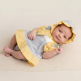 Vestito in Cotone Con Culotte e Cuffia Celeste-Giallo Neonata DEL SUR 0180