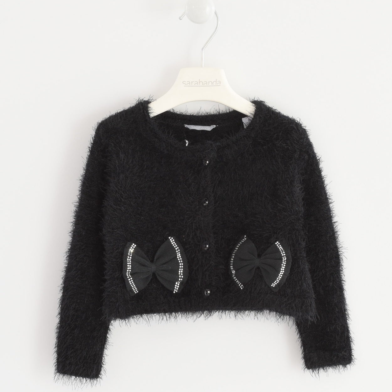 Cardigan rosso in lana e alpaca con chiusura clip con fiocchi 3-7 anni Cardigan rosso in lana e alpaca con chiusura clip con fiocchi 3-7 anni