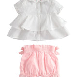 Completo in Cotone Camicia Con Pantaloncino Bianco-Rosa Neonata MINIBANDA 2777 - MINIBANDA - LuxuryKids