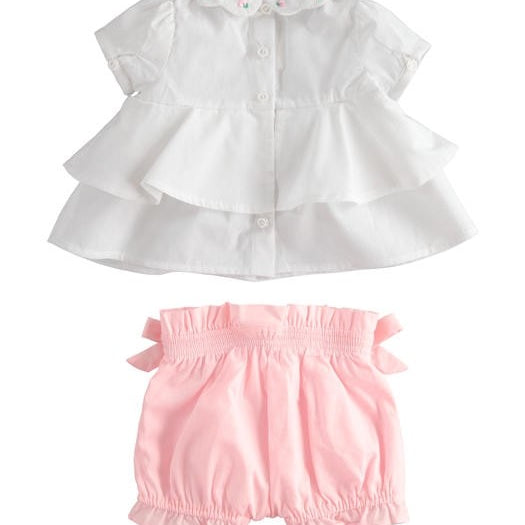 Completo in Cotone Camicia Con Pantaloncino Bianco-Rosa Neonata MINIBANDA 2777 - MINIBANDA - LuxuryKids