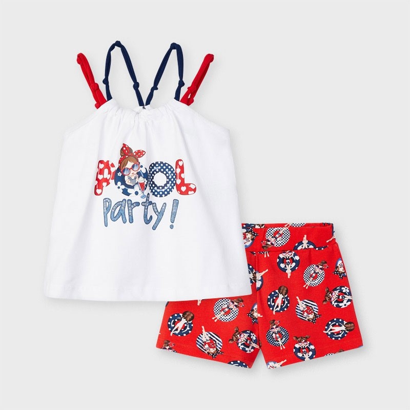 Completo In Cotone Con Shorts E Top Rosso E Bianco Bambina MAYORAL 3220 - MAYORAL - LuxuryKids