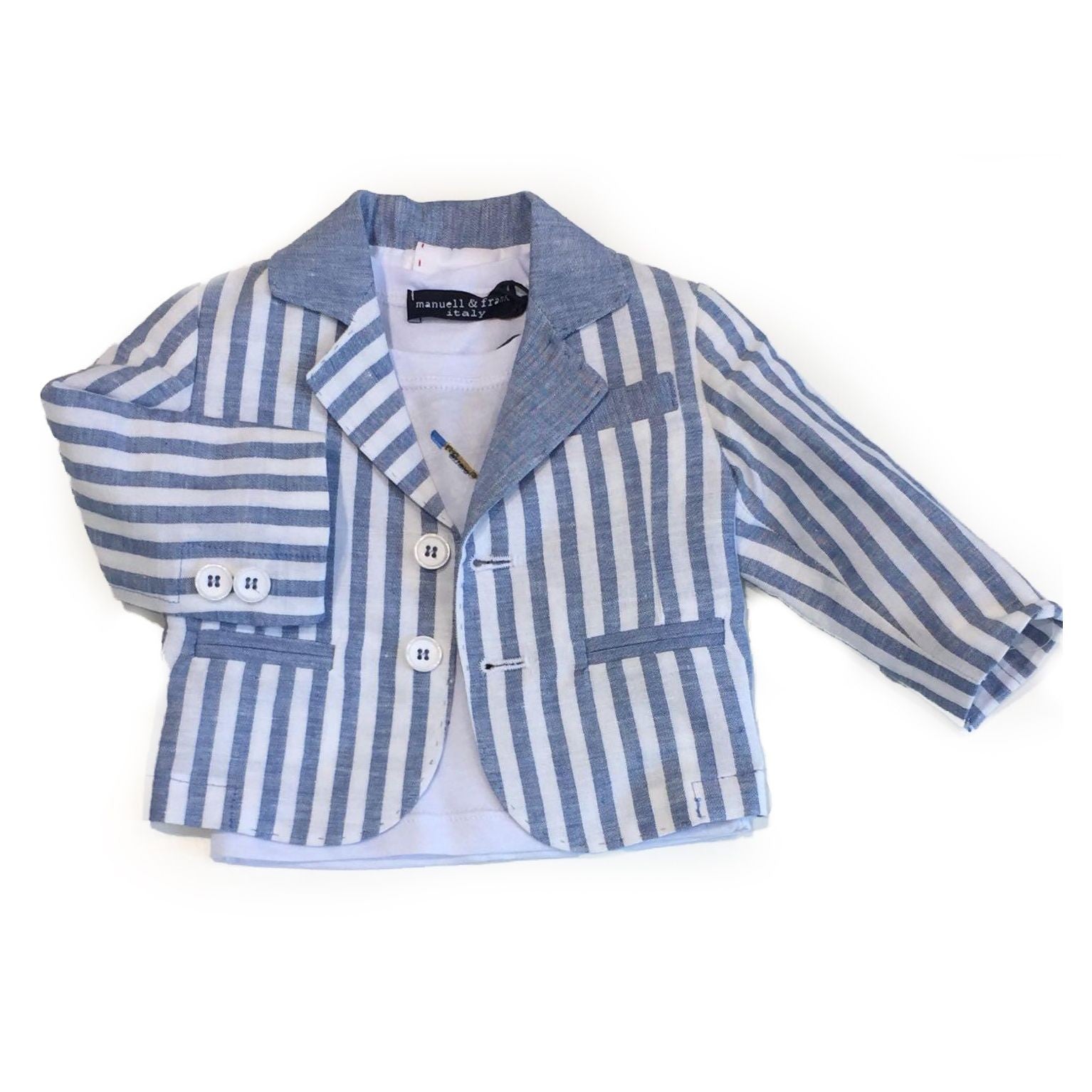 Giacca in Lino a righe Celeste-Bianco Neonato Manuell & Frank M3312 - MANUELL&FRANK - LuxuryKids
