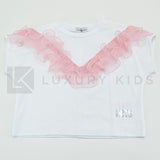 Maglia In Cotone Bianca Con Rouches Rosa In Tulle Bambina NBTS 3173 - NBTS - LuxuryKids