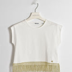 Maglia in Cotone Mezza Manica con Frange in basso Panna Bambina SARABANDA W422 - SARABANDA - LuxuryKids