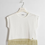 Maglia in Cotone Mezza Manica con Frange in basso Panna Bambina SARABANDA W422 - SARABANDA - LuxuryKids