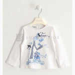 Maglia Manica Lunga In Cotone Elasticizzato Bianca Con Stampa Azzurra Neonata SARABANDA J209 - SARABANDA - LuxuryKids