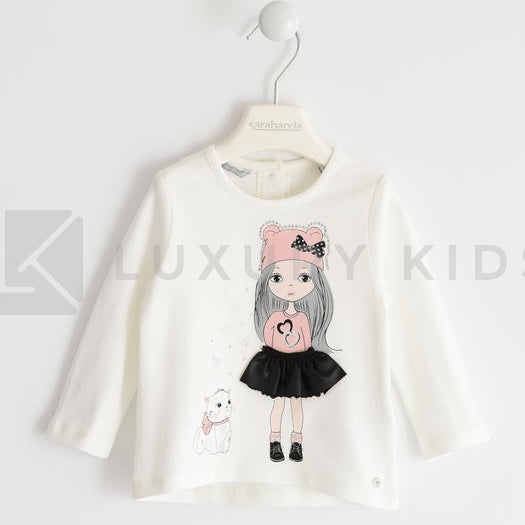 Maglietta In Caldo Cotone Con Applicazione In Ecopelle Panna Neonata K211 - SARABANDA - LuxuryKids