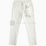 Pantalone In Twill Stretch Con Perle Bianco Bambina Sarabanda J419 - SARABANDA - LuxuryKids