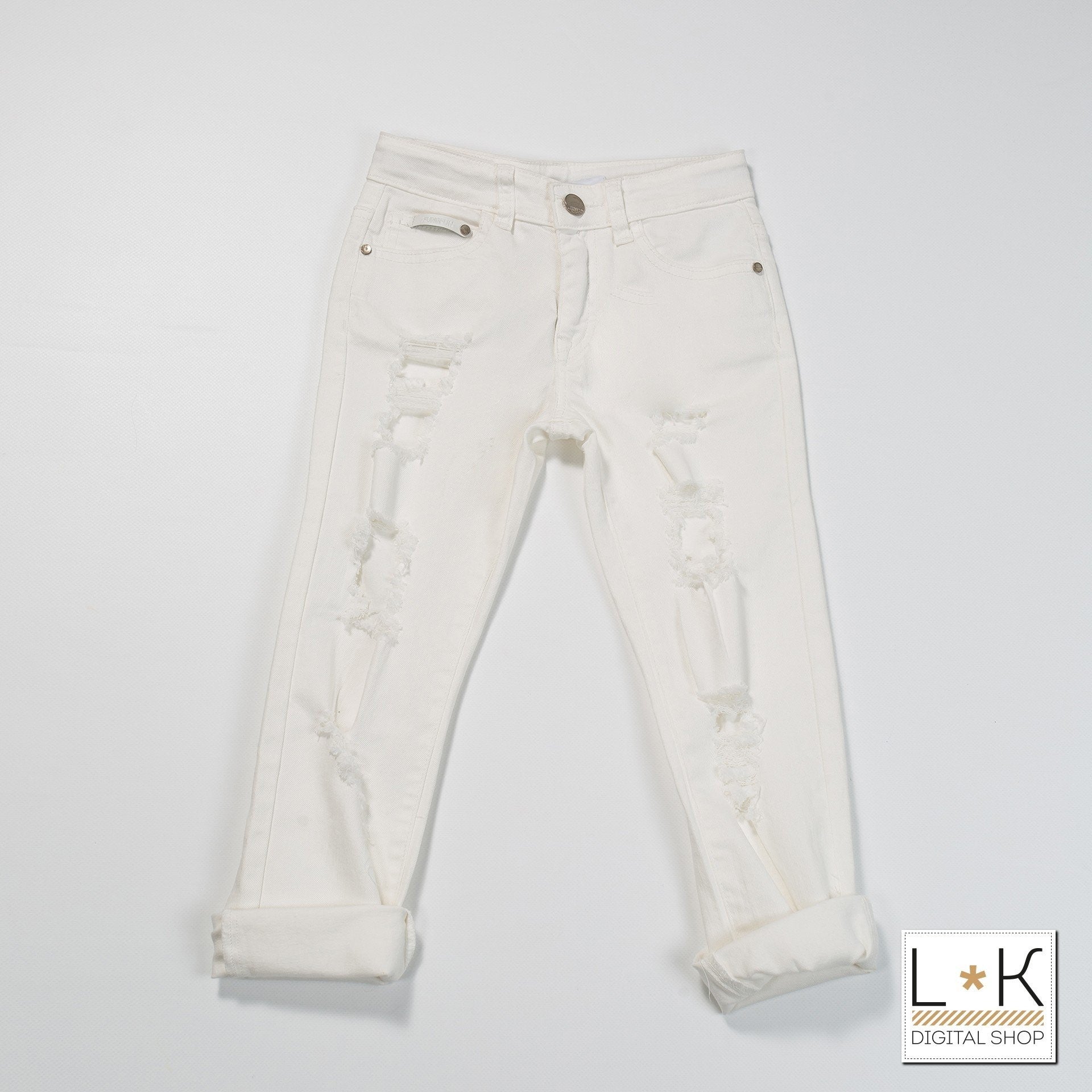 Pantalone Strappato Bianco in Tinta Unita Bambina Fun&Fun FNJPT3860 - FUN&FUN - LuxuryKids