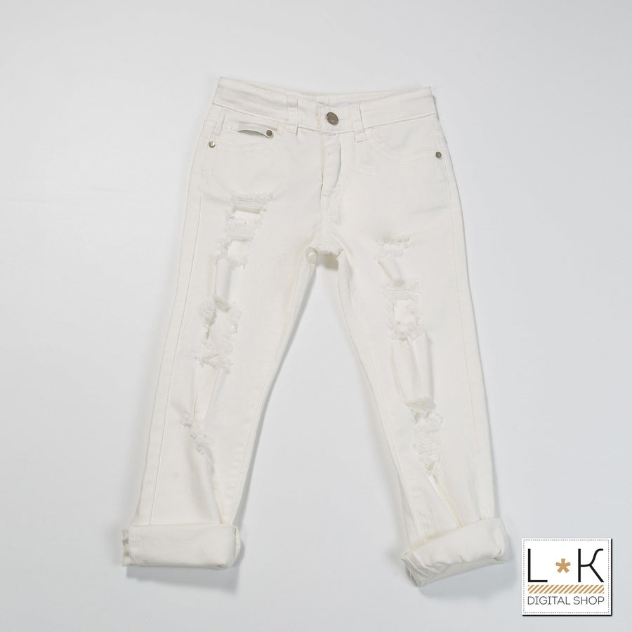 Pantalone Strappato Bianco in Tinta Unita Bambina Fun&Fun FNJPT3860 - FUN&FUN - LuxuryKids