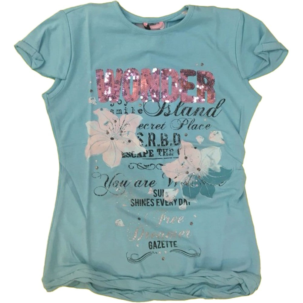 T-Shirt Elasticizzata Celeste con Stampa Bambina Sarabanda E657 - SARABANDA - LuxuryKids