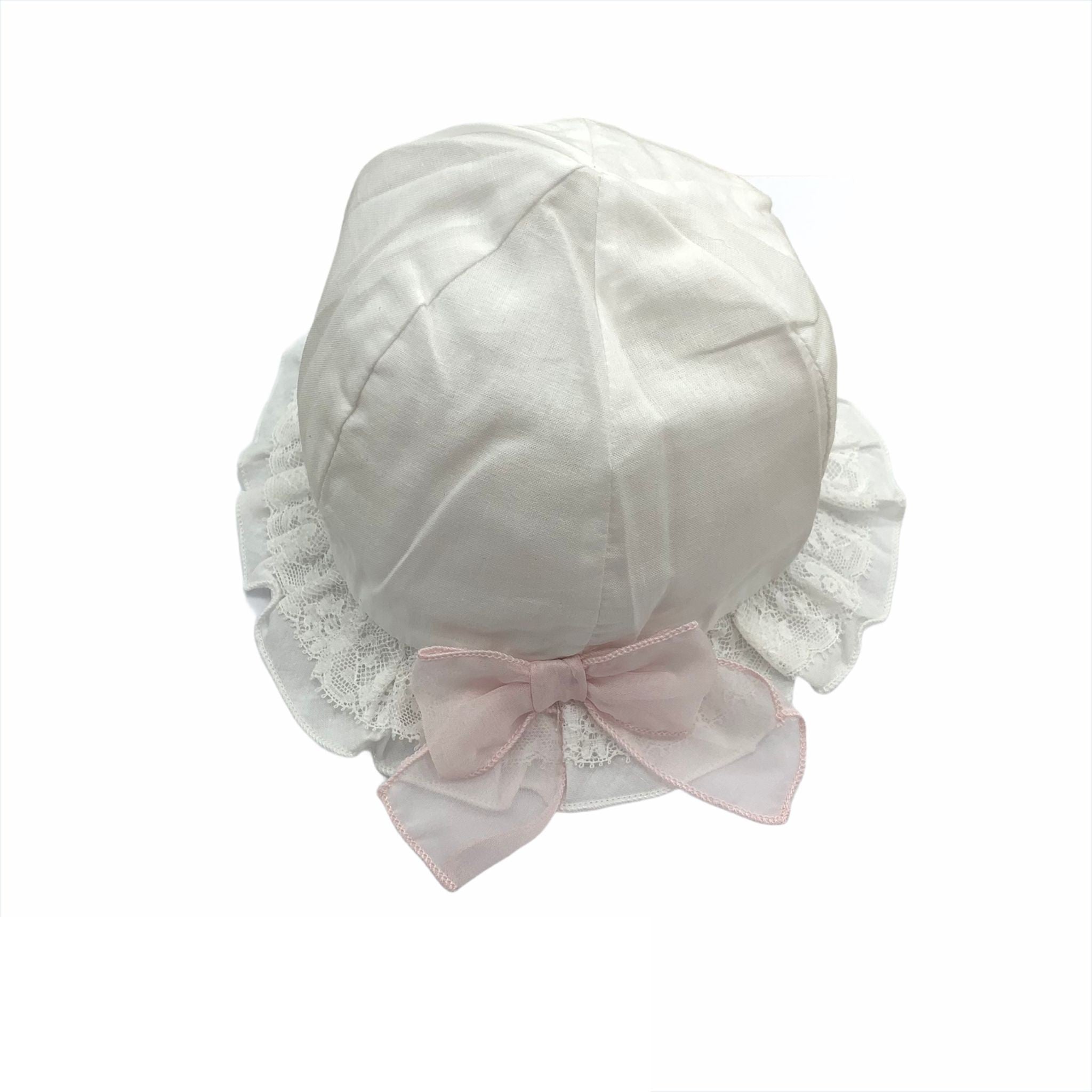 Cappello Modello Pescatore In Cotone Bianco Con Pizzo E Fiocco Rosa Neonata NNINNAOH E1553 - NINNAOH - LuxuryKids