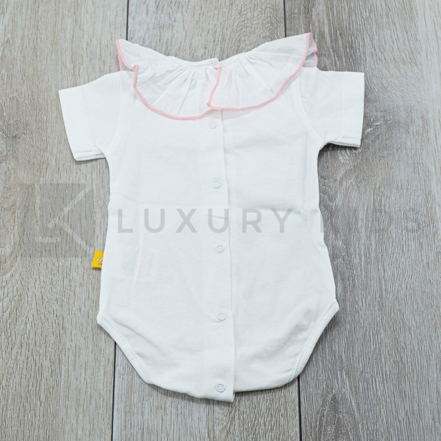 Body In Cotone Bianco Con Colletto Rouche con Profilo Rosa Neonata Chua B5CG - CHUA - LuxuryKids