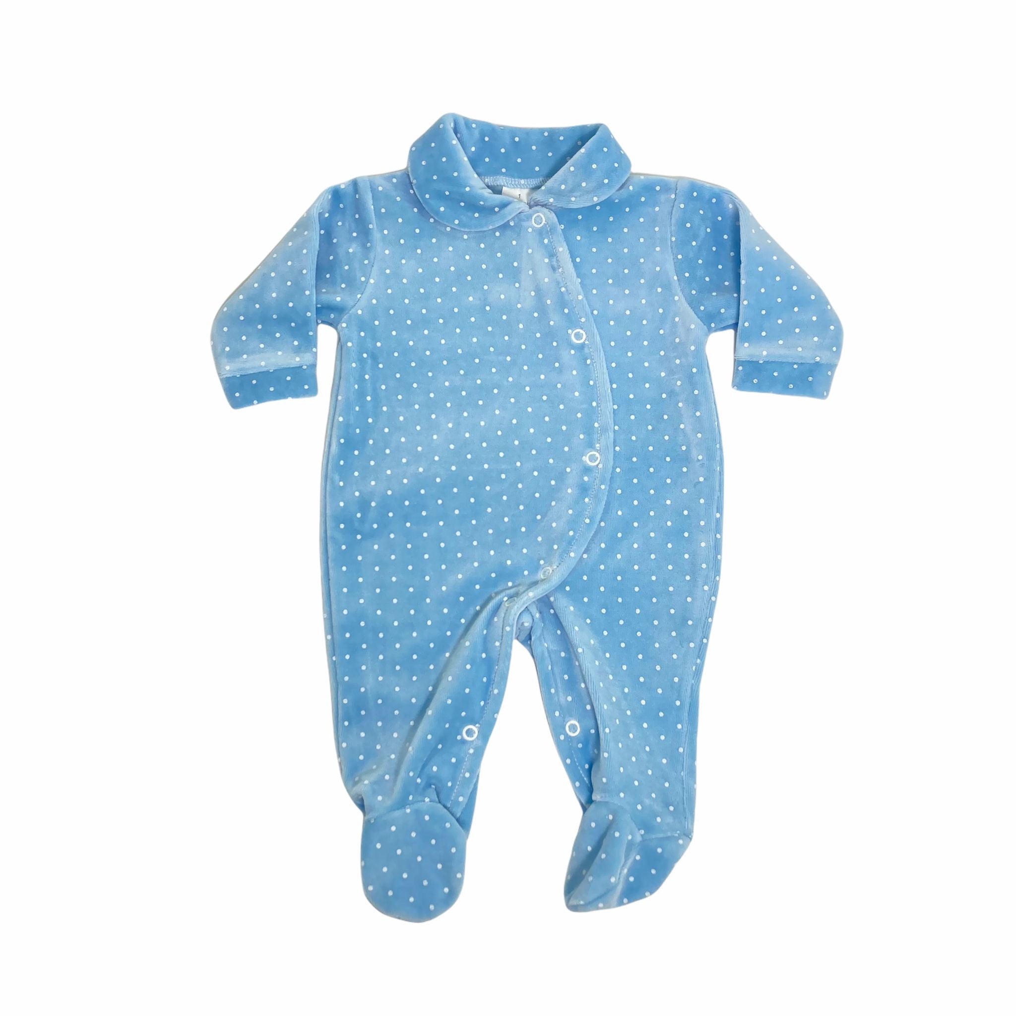 Tutina Intera In Ciniglia Azzurra A Pois Bianchi Neonato BABY FASHION 1505 - Baby Fashion - LuxuryKids