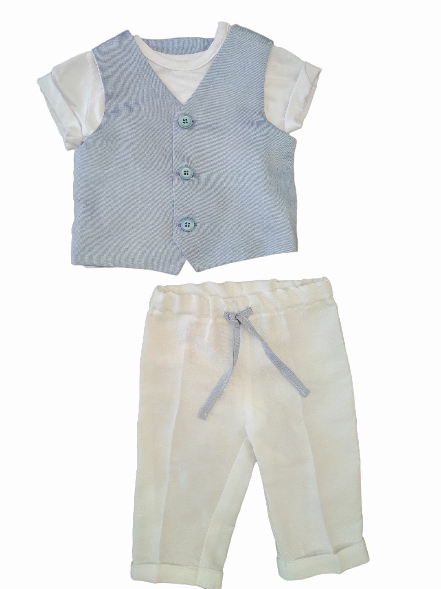 Completo Con Pantalone Shirt E Panciotto Bianco Celeste Neonato ISABEL 2303 - ISABEL - LuxuryKids