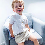 Completo Camicia Bianco E Pantaloncino Beige In Cotone Bambino Collo coreano VALENTINA BEBES BSS17 - VALENTINA BEBES - LuxuryKids