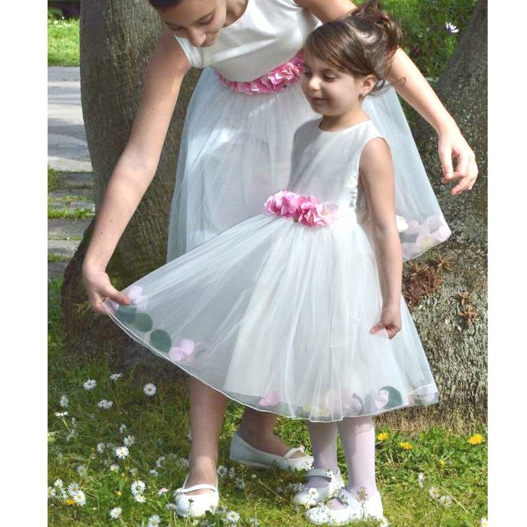 Abito Bianco Bambina Cerimonia Comunione Elegante Fiori Rosa Lesy 660 - LESY - LuxuryKids