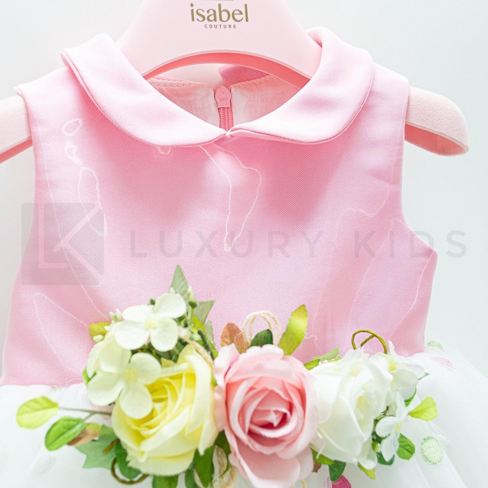 Abito Smanicato Elegante Con Corpetto Rosa E Tulle A Pois Neonata Isabel 43078 - ISABEL - LuxuryKids