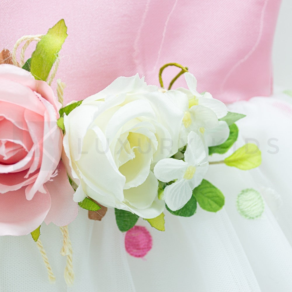 Abito Smanicato Elegante Con Corpetto Rosa E Tulle A Pois Neonata Isabel 43078 - ISABEL - LuxuryKids