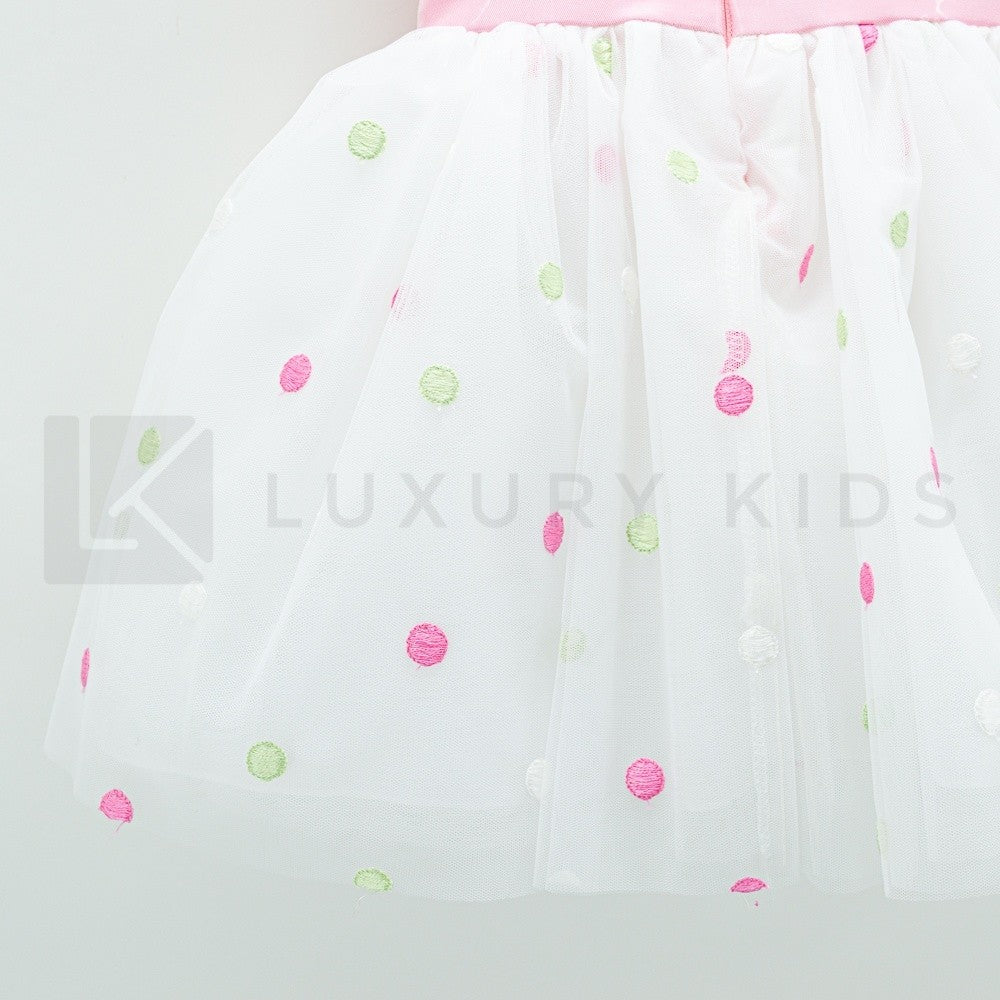 Abito Smanicato Elegante Con Corpetto Rosa E Tulle A Pois Neonata Isabel 43078 - ISABEL - LuxuryKids