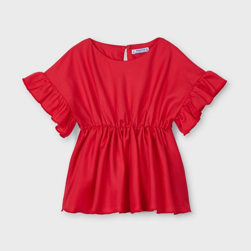 Blusa In Cotone Con Manica Volant Rossa Bambina MAYORAL 3194 - MAYORAL - LuxuryKids