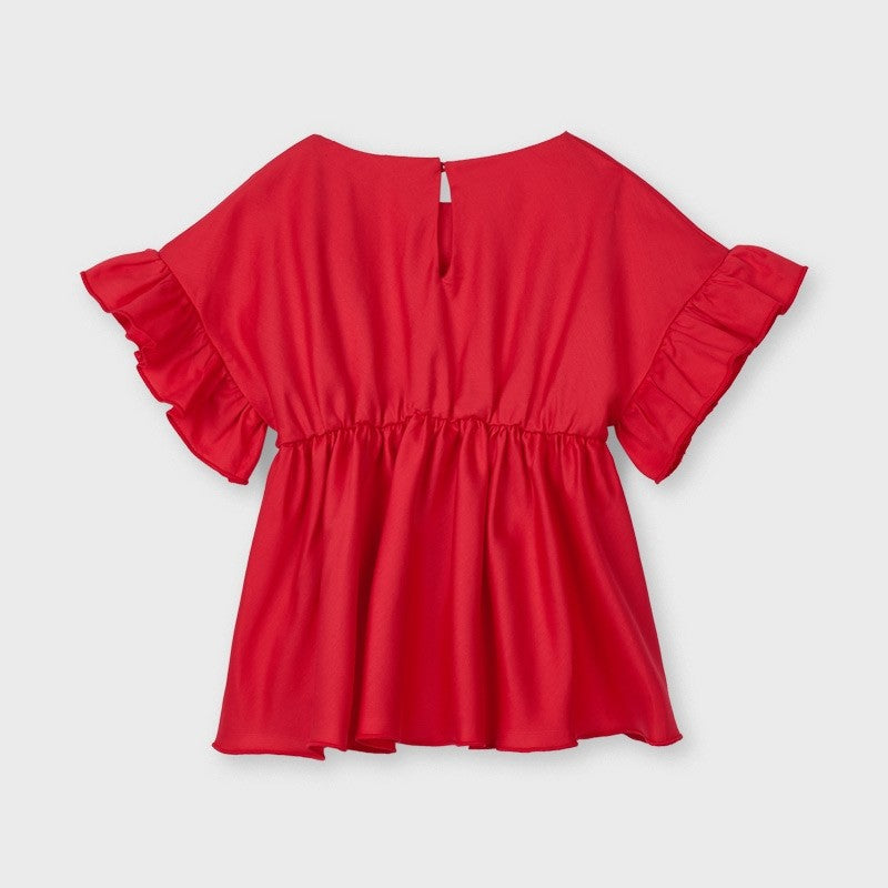 Blusa In Cotone Con Manica Volant Rossa Bambina MAYORAL 3194 - MAYORAL - LuxuryKids