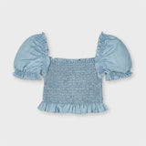 Blusa In Denim Crop Arricciata Bambina MAYORAL 3196 - MAYORAL - LuxuryKids