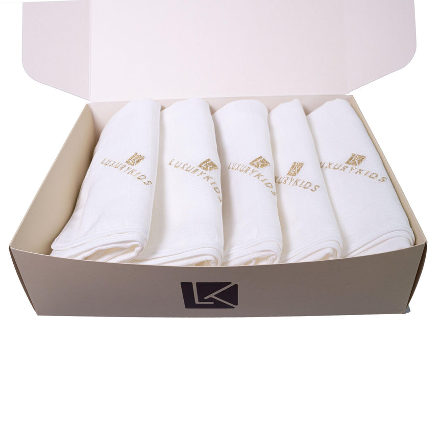 Box Più Set Di  5 Quadrati Di Garza Con Logo Bianco LUXURY KIDS BOX5-00 - LUXURYKIDS - LuxuryKids