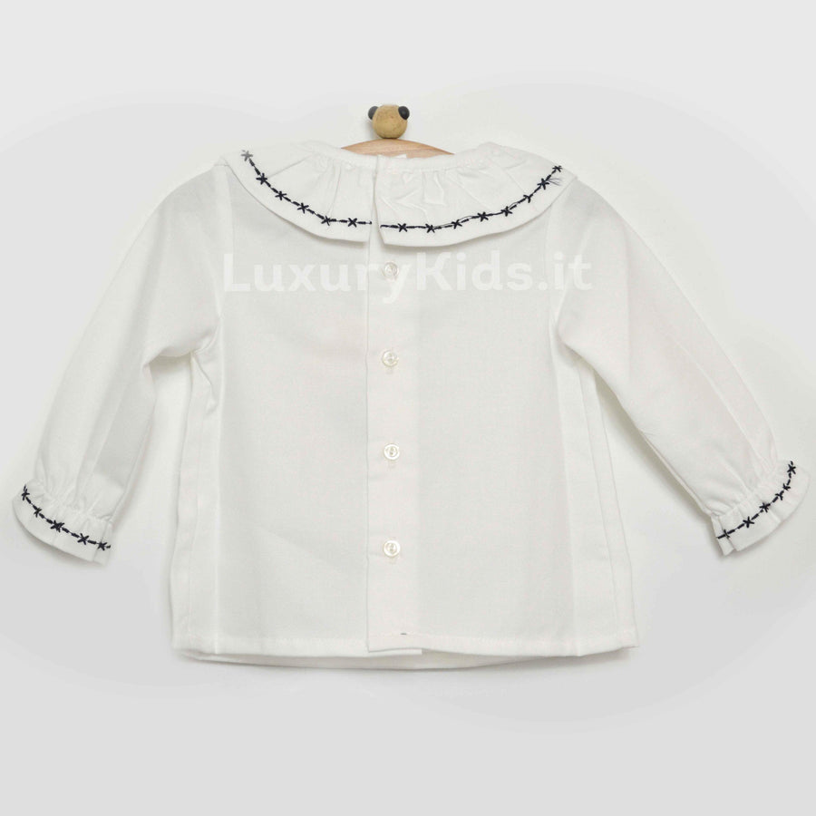 Camicia in Caldo Cotone Manica Lunga con Colletto Rouches Bianco-Blu Neonata A&J 209BL - A&J - LuxuryKids