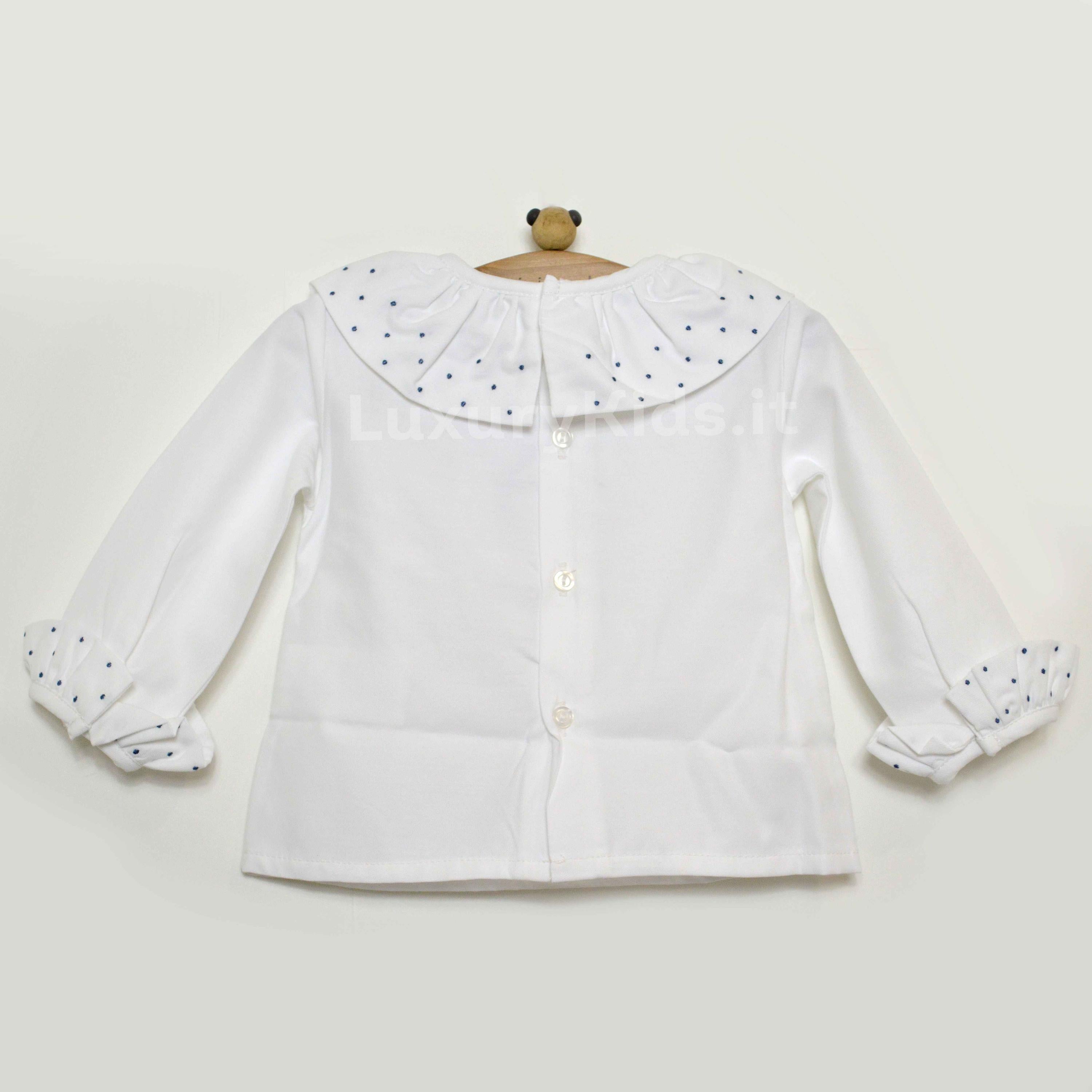 Camicia in Caldo Cotone Manica Lunga con Colletto Rouches Bianco-Blu Neonata A&J 273BL - A&J - LuxuryKids