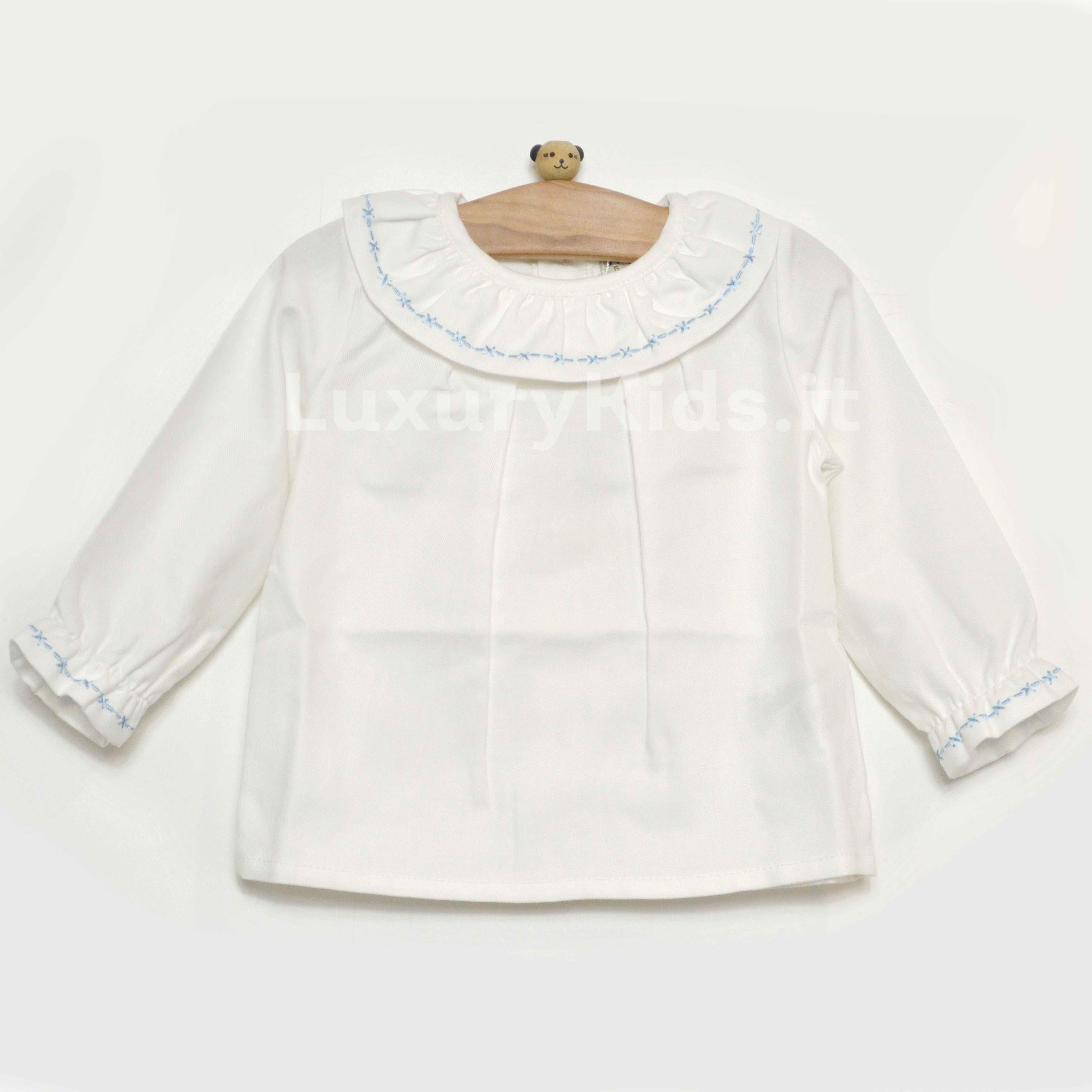 Camicia in Caldo Cotone Manica Lunga con Colletto Rouches Bianco-Celeste Neonata A&J 209A - A&J - LuxuryKids