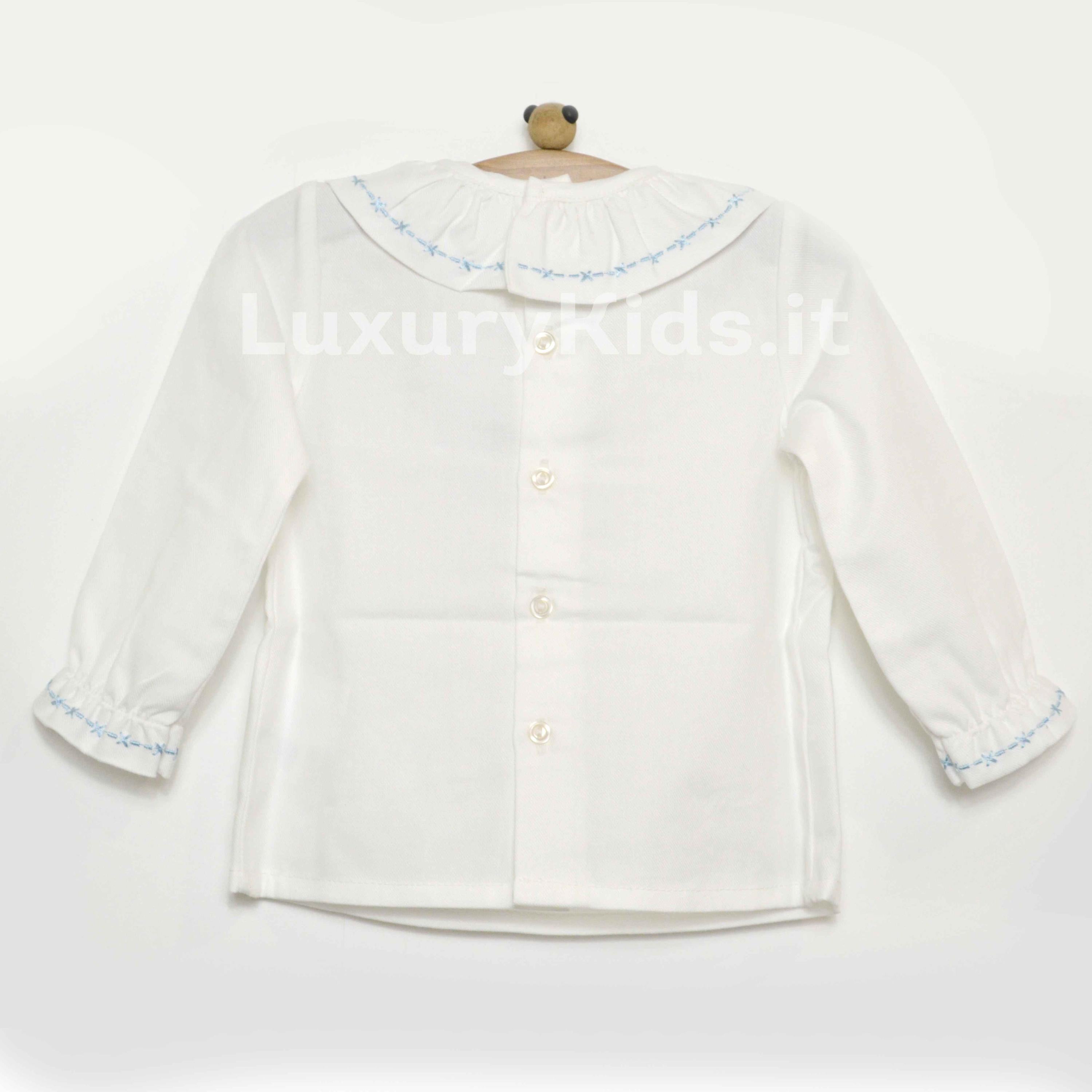 Camicia in Caldo Cotone Manica Lunga con Colletto Rouches Bianco-Celeste Neonata A&J 209A - A&J - LuxuryKids
