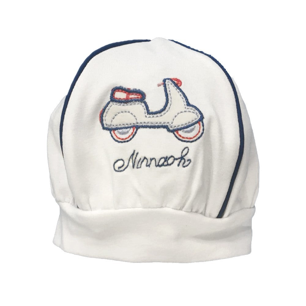 Cappello in Jersey Bianco-Blu con Ricamo Neonato Ninnaoh E16274J - NINNAOH - LuxuryKids