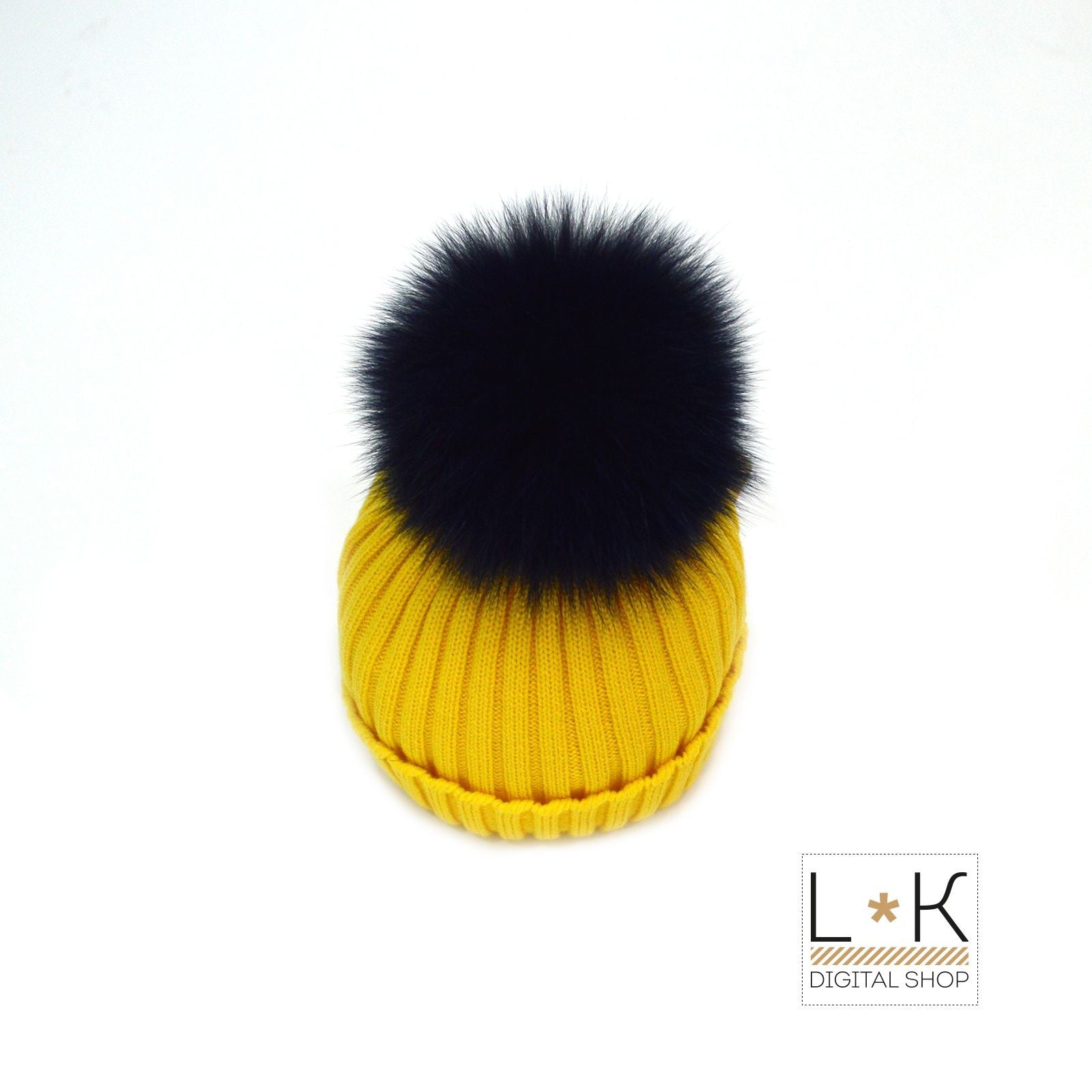 Cappello in Lana a Coste con Pon-Pon in Volpe Giallo/Blu Unisex